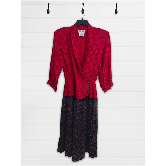 Vtg 80’s Maggy London by Jeannene Booher 100% Silk Red and Black Dress Sz 10 - Picture 1 of 16